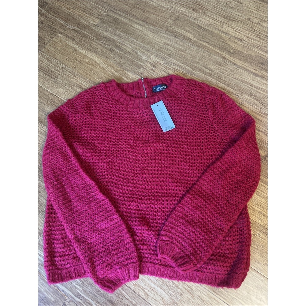 Topshop Delicate Red Textured Knit Sweater Women's Crew Neck Cropped NWT US 2